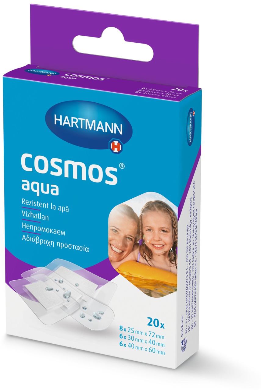 Plasturi transparenti Cosmos Aqua, 3 dimensiuni, 20 bucati, Hartmann