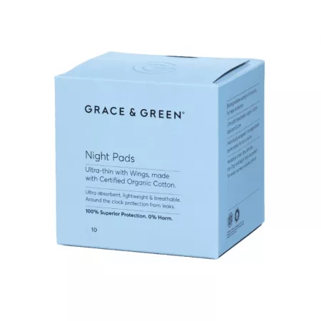 Absorbante de noapte din bumbac organic cu aripioare, 10 bucati – grace and green