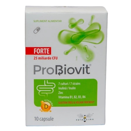 Apipharma Probiovit Forte probiotice cu Saccharomyces boulardii, inulina, vitamine B, D si zinc, 10 capsule