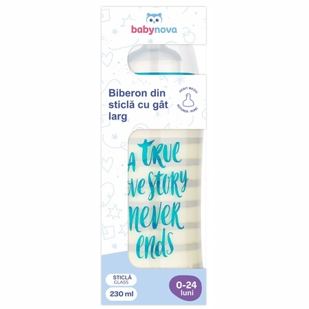 Biberon cu gat larg din sticlă, 240 ml, Baby Novă