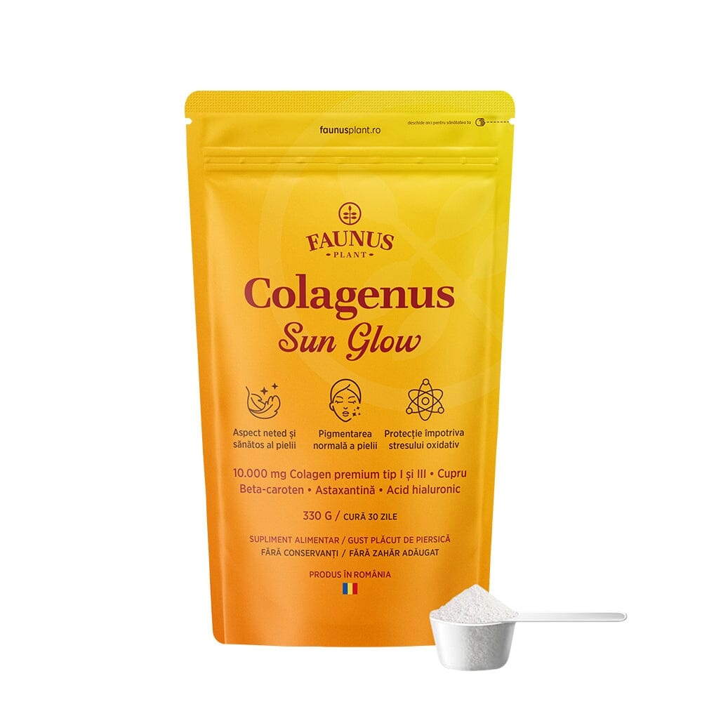 Faunus Colagenus Sun Glow pudra cu colagen 10.000 mg, betacaroten si antioxidanti, aroma de piersica, 330 g