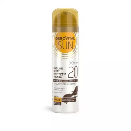 Gerovital Sun Lotiune Spray SPF 20 - Protecție Solară & Bronzare Naturală