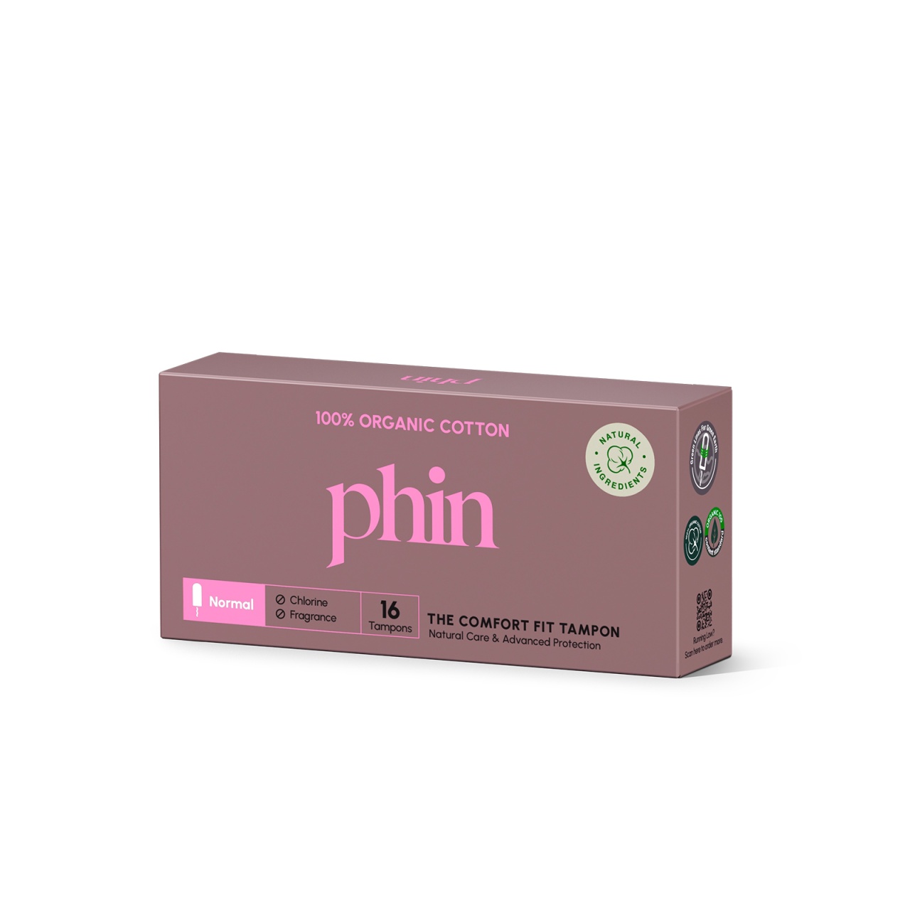 Phin tampoane din bumbac organic, fara aplicator, flux moderat, 16 buc