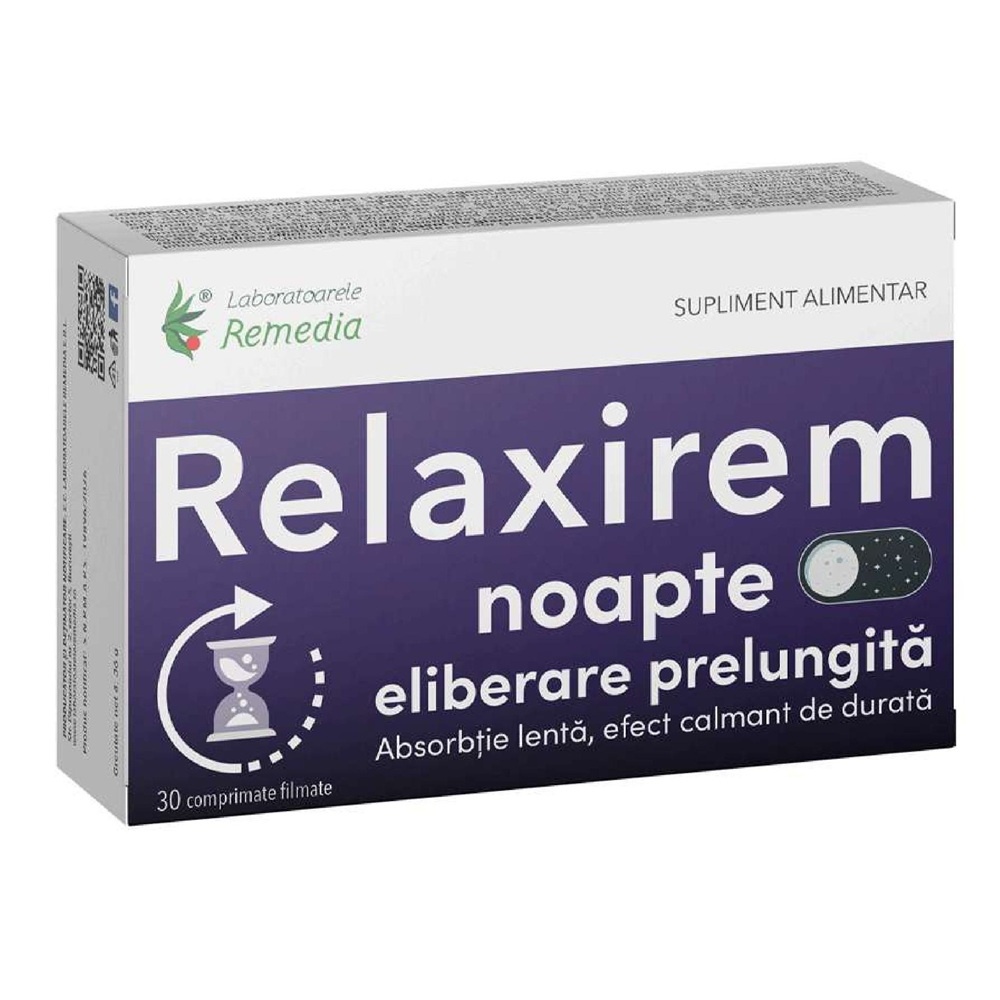 Remedia Relaxirem Noapte cu valeriana, magnolie, hamei si mac californian, 30 comprimate cu eliberare prelungita