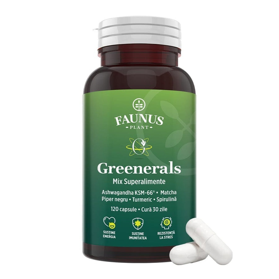 Faunus Greenerals complex de superalimente verzi cu ashwagandha KSM-66 si vitamina B6, 120 capsule