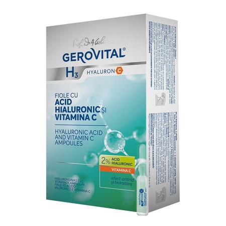 Fiole cu acid hialuronic și vitamină C H3 Hyaluronic C, 10 x 2 ml, Gerovital