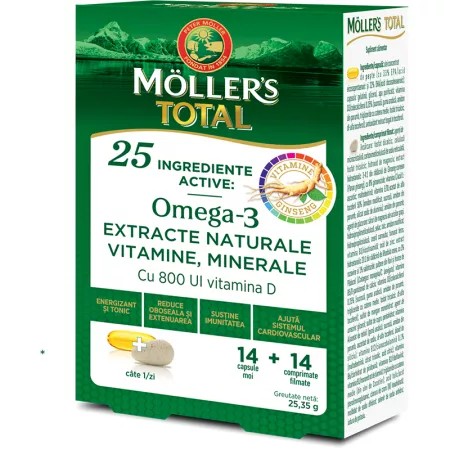 Moller's Total, Omega-3 + multivitamine, 14 capsule + 14 comprimate
