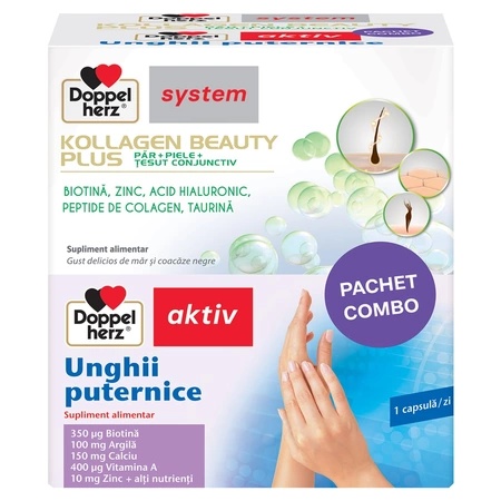 Pachet kollagen beauty plus, 10 flacoane + unghii puternice, 30 comprimate, doppelherz