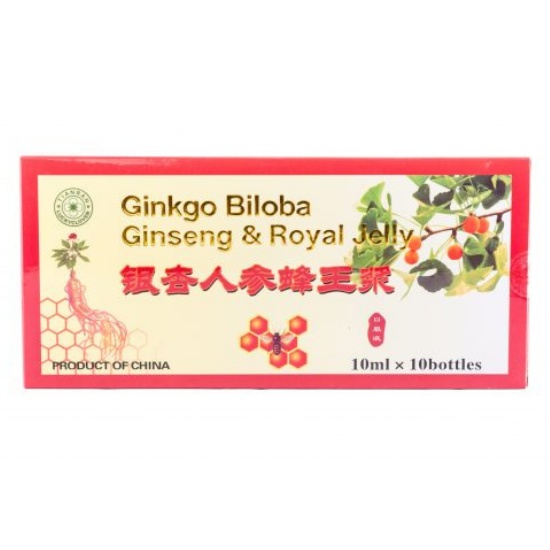 Sanye Ginkgo Biloba, Ginseng și Royal Jelly, 10 fiole x 10 ml