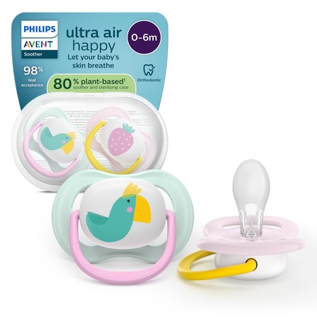 Suzete Ultra Air, Papagal/Capsuna, 0-6 luni, SCF080/24, 2 buc, Philips Avent