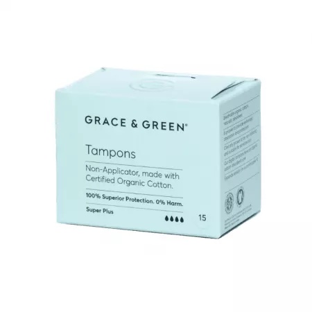 Tampoane din bumbac organic fara aplicator super plus, 15 bucati, grace and green