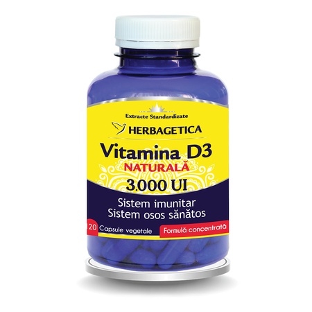 Vitamina D3 naturală 3000 UI, 120 capsule, Herbagetica
