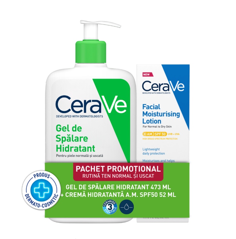 CeraVe Pachet Gel de Spalare Hidratant 473ml + Crema AM SPF 50, 52ml