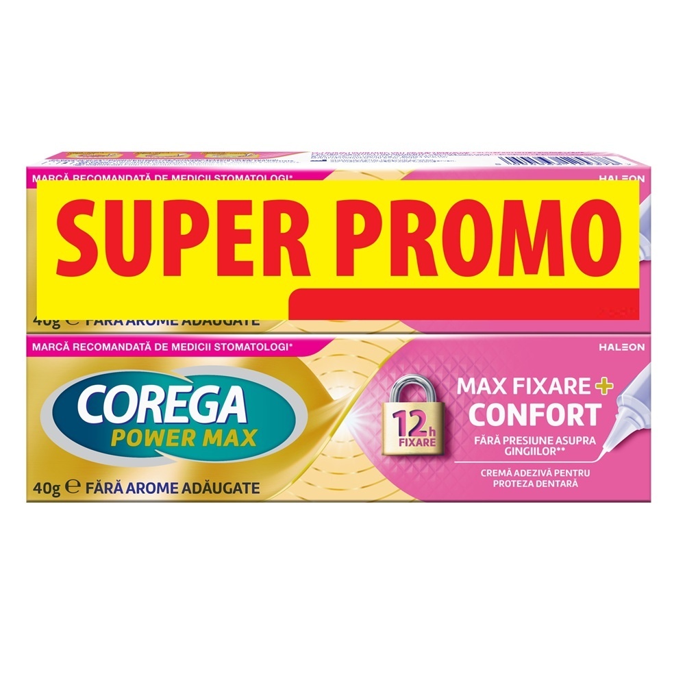 Corega Max Fixare + Confort Cremă Adezivă pentru Proteză Dentară, Pachet 2 x 40 g