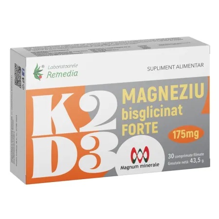 Laboratoarele Remedia K2 + D3 + magneziu bisglicinat Forte 175 mg, 30 comprimate