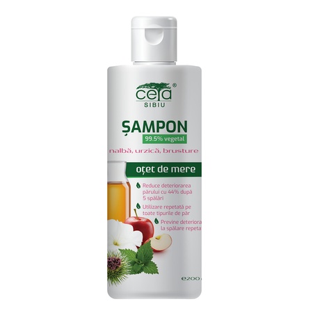 Șampon 99.5% vegetal cu oțet mere, nalbă, urzica și brusture, 200 ml, Ceta