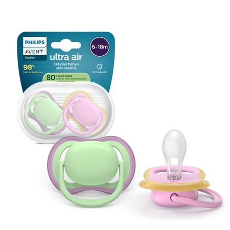 Suzeta Ultra Air Pacifier Philips Avent, Roz/Verde, 6-18 luni, SCF087/12, 2 bucăți, Philips