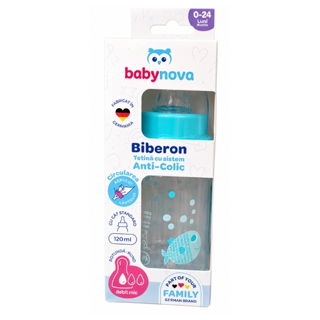 Biberon tetină cu sistem anti-colic, Albastru/Roz, 0-24 luni, 120 ml, Babynova