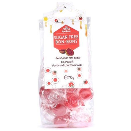 Bomboane fără zahăr cu propolis și aromă de portocale roșii, 70 g, Apidava