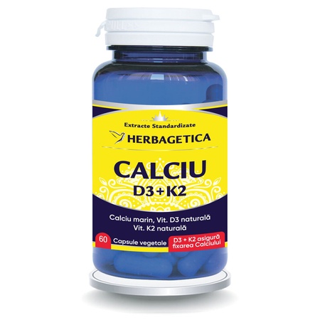 Calciu cu vitamină D3 și vitamină K2, 60 capsule, Herbagetica