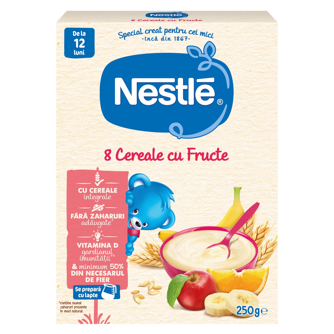 Nestle 8 Cereale cu Fructe, 250g  Pentru copii 12+ luni
