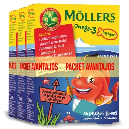 Pestisori gumati cu omega 3 si aroma de lamaie verde si capsuni, 3 x 36 jeleuri, moller's
