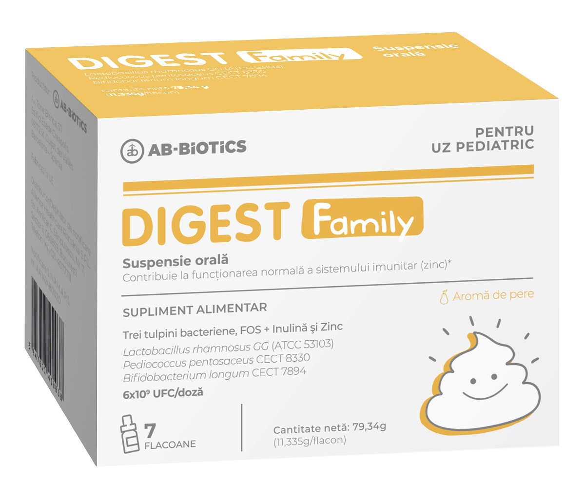 AB-Biotics Digest Family suspensie orala cu probiotice, prebiotice si zinc, 7 flacoane