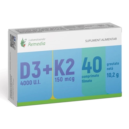 Laboratoarele Remedia Vitamina D3 4000 UI + Vitamina K2 150 mcg, 40 comprimate filmate