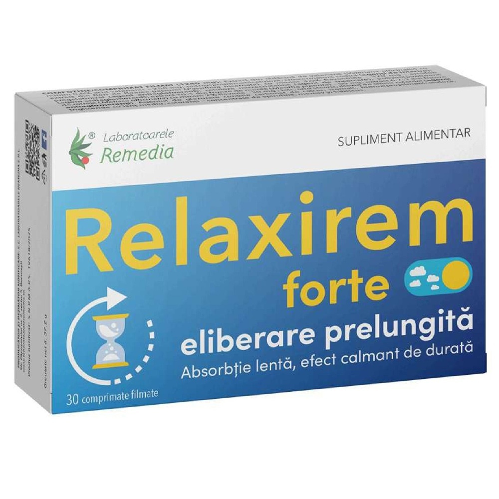 Remedia Relaxirem Forte cu valeriana, floarea-pasiunii, roinita si menta, 30 comprimate cu eliberare prelungita