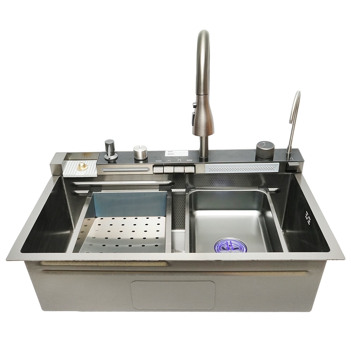 Chiuveta bucatarie multifunctionala cu 2 cascade, otel inoxidabil, afisaj digital temperatura, dozator sapun, spalator pahare, accesorii incluse,