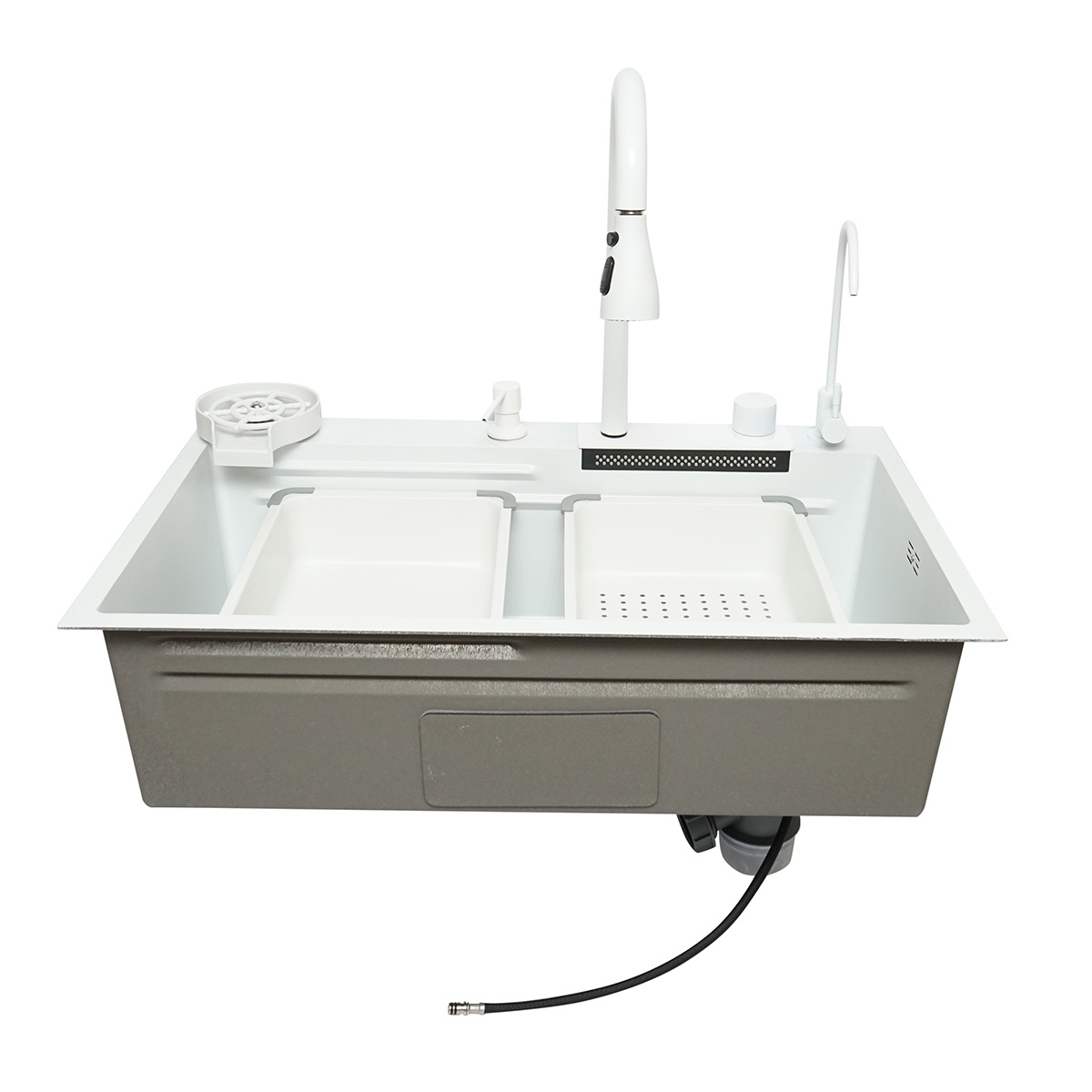 Chiuveta bucatarie otel inoxidabil cu doua baterii, functie cascada, spalator pahare, dozator sapun, scurgator, tava, tocator si accesorii scurgere