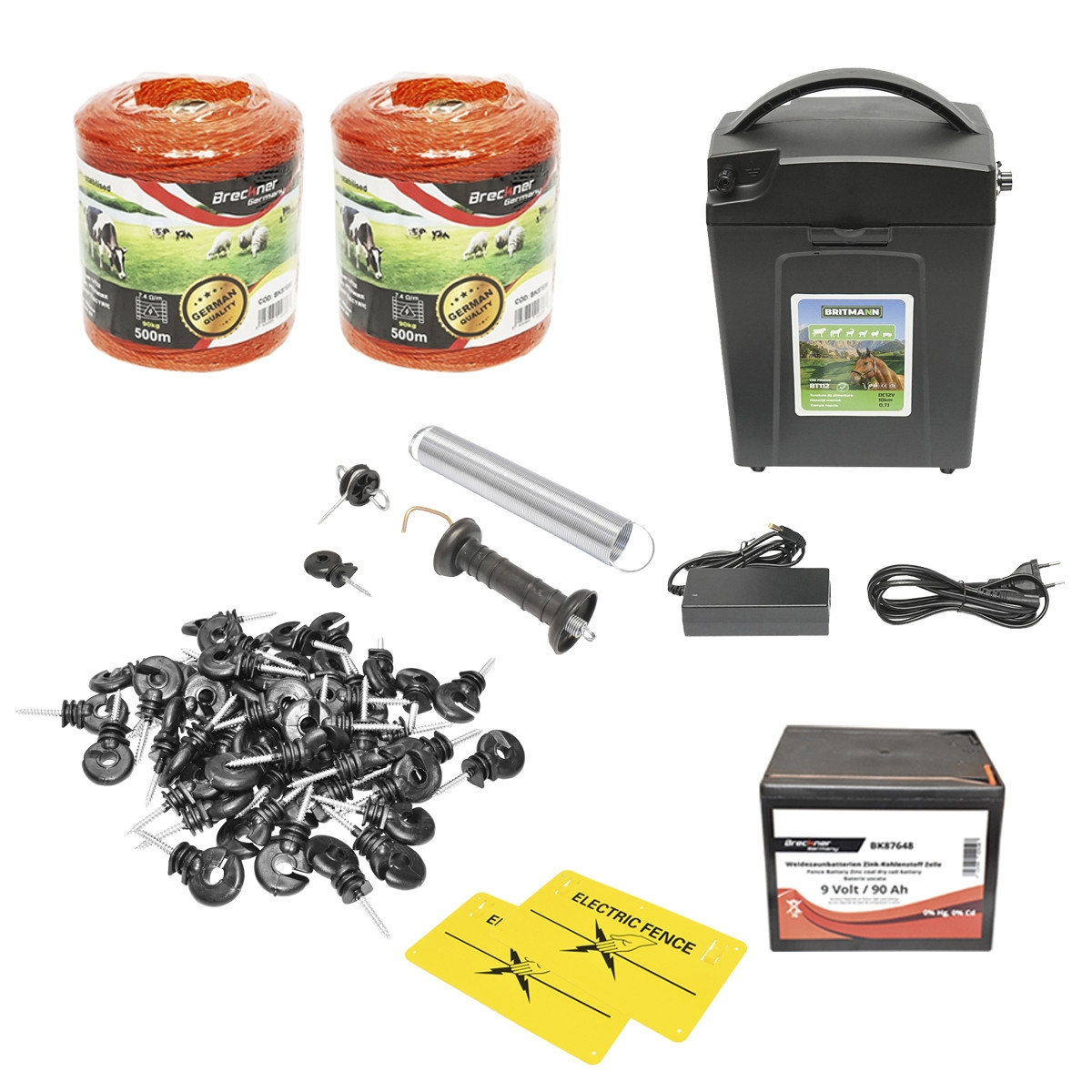 panou gard Kit complet gard electric 9/12V 0,7 Joule, lungime fir 1000m, 100 izolatori, 2 manere poarta, 2 placute de avertizare si baterie uscata
