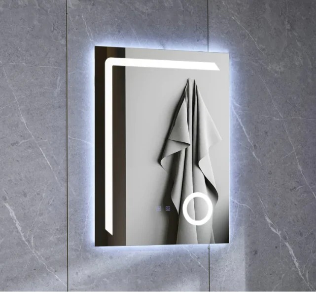 banda led 24v Oglindă iluminată cu LED, formă dreptunghiulară, dimensiuni 60x80cm, funcție de dezaburire și control tactil - model J01