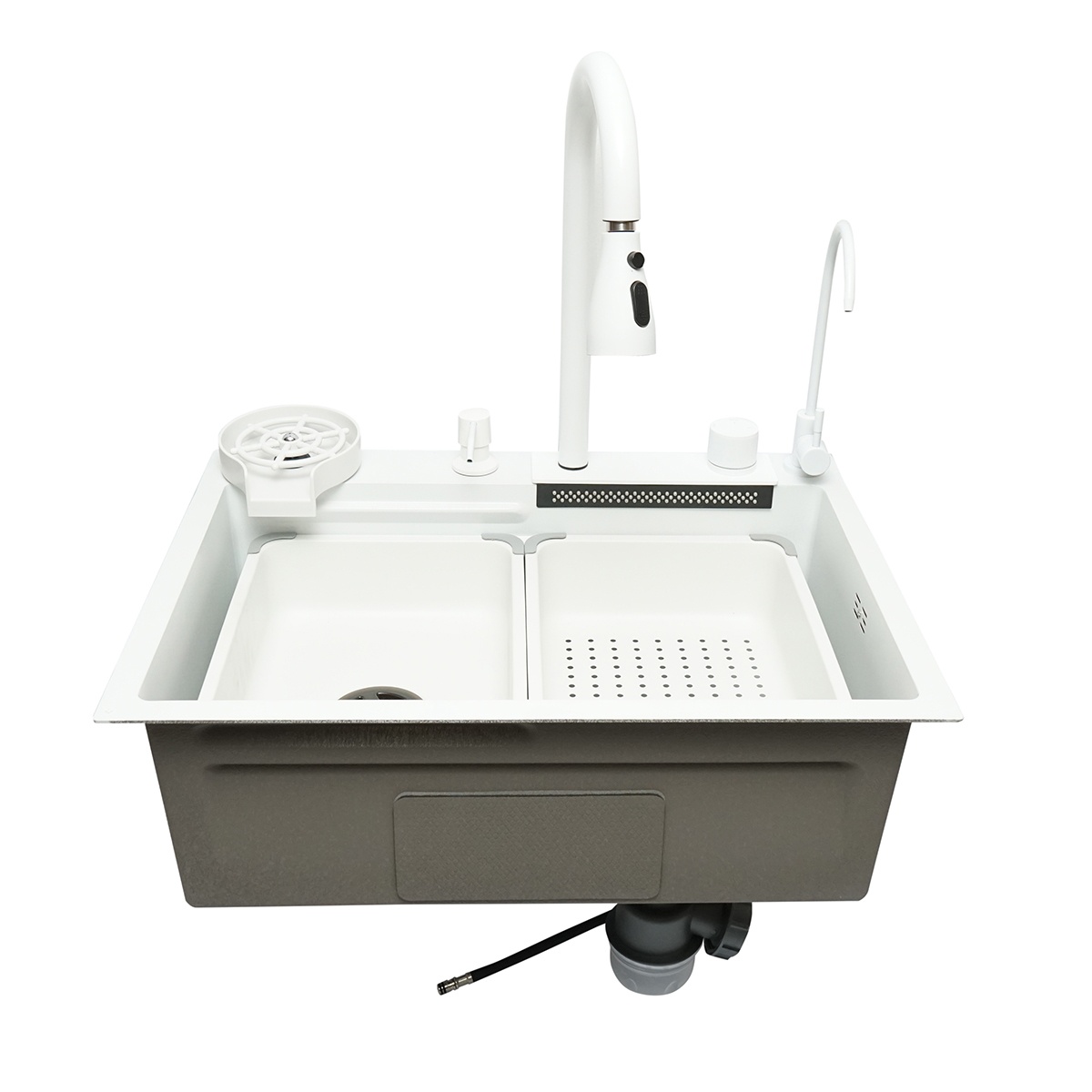 Chiuveta bucatarie otel inoxidabil cu doua baterii, functie cascada, spalator pahare, dozator sapun, scurgator, tava, tocator si accesorii scurgere