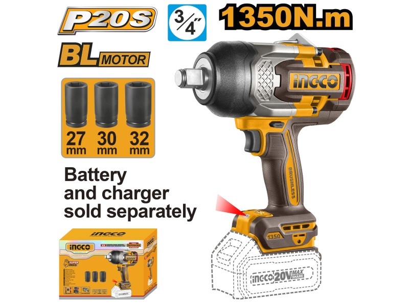mașini în rate fără avans sibiu INGCO Cheie cu impact fără fir 3/4" 1350 Nm fără perie de carbon 20 V (fără acumulator și încărcător)