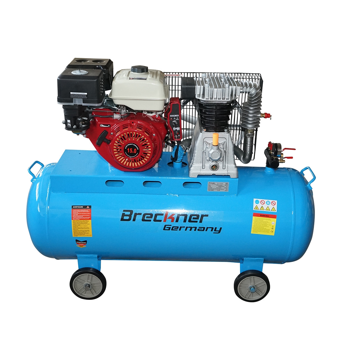 Compresor aer 200L putere 4.8kW/6.5CP presiune 8 Bar, debit 200L/min cu motor pe benzina 15CP si pornire electrica, Cod: BK78556, Brand: BRECKNER