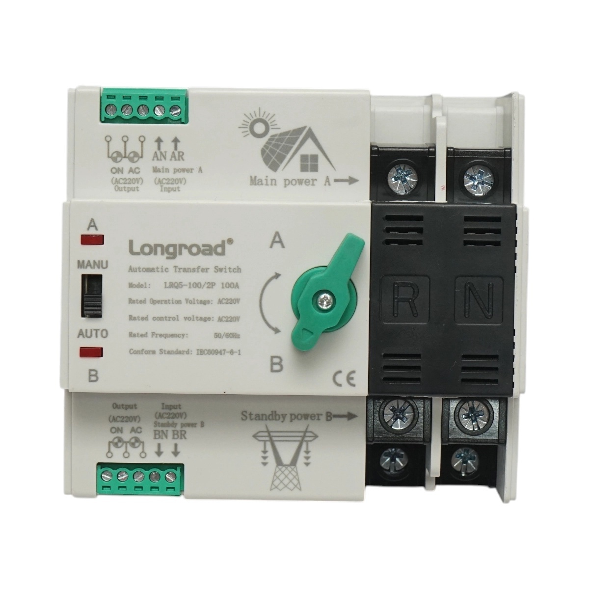 0 Comutator ATS 220V monofazat, separator automat de la panouri fotovoltaice la retea LRQ5-100/2P 100A Longroad, BK76023