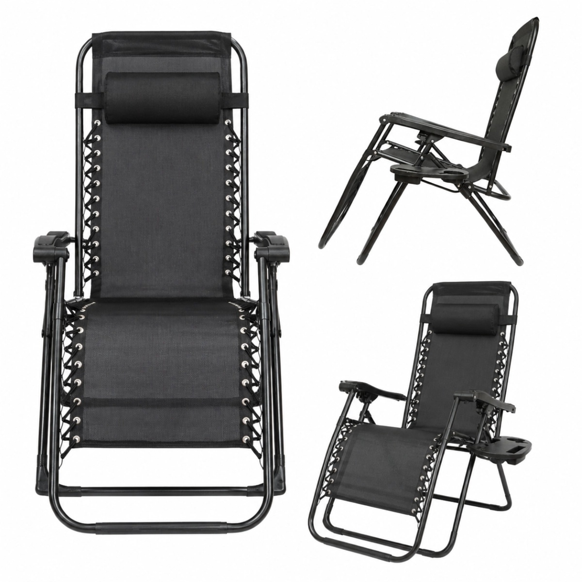 0 Scaun relaxare pliabil zero gravity tip sezlong negru cu suport pahar si tava, tetiera detasabila, structura otel, BK99242