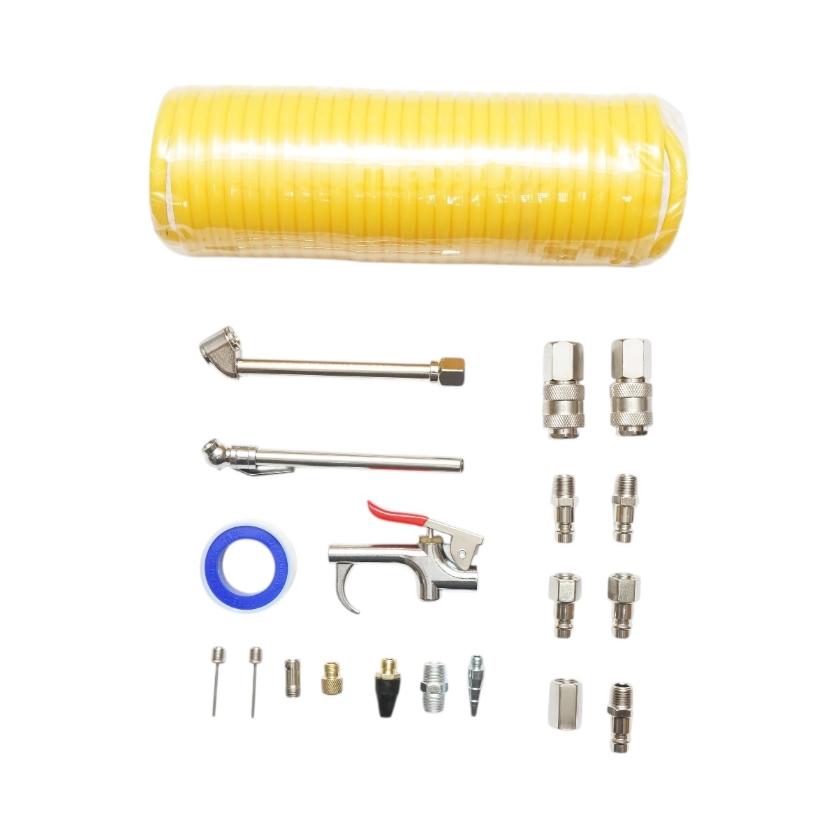 compresor aer auto Set 20 accesorii compresor aer cu furtun spiralat, pistol suflare, conectori, duze si cuple rapide universale, DISRK49