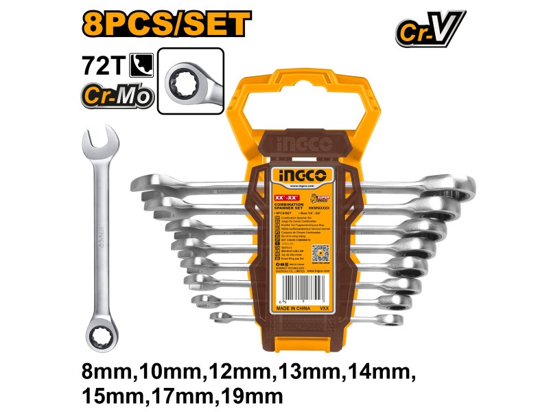 polistiren expandat 8 cm INGCO Set cheie stea cu clichet 8 piese 8-19 mm CrV