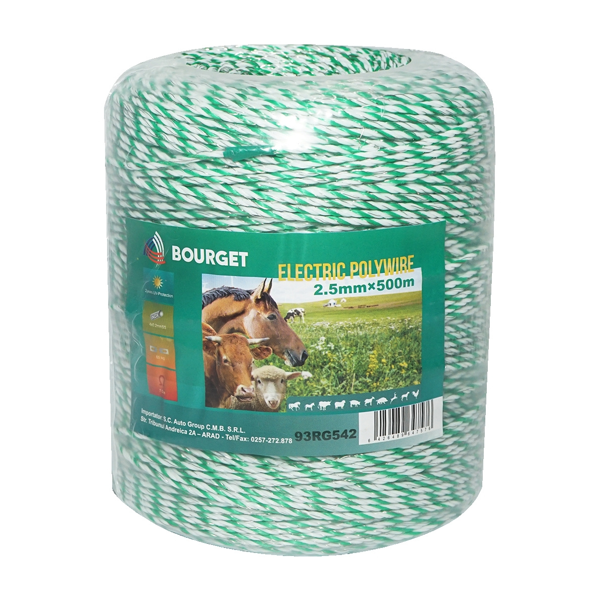 gard electric Rola fir alb-verde fi 2.5mm 4x0.2mm SS, 500m gard electric, rezistenta 7 Ohm, Cod: 93RG542, Brand: BOURGET