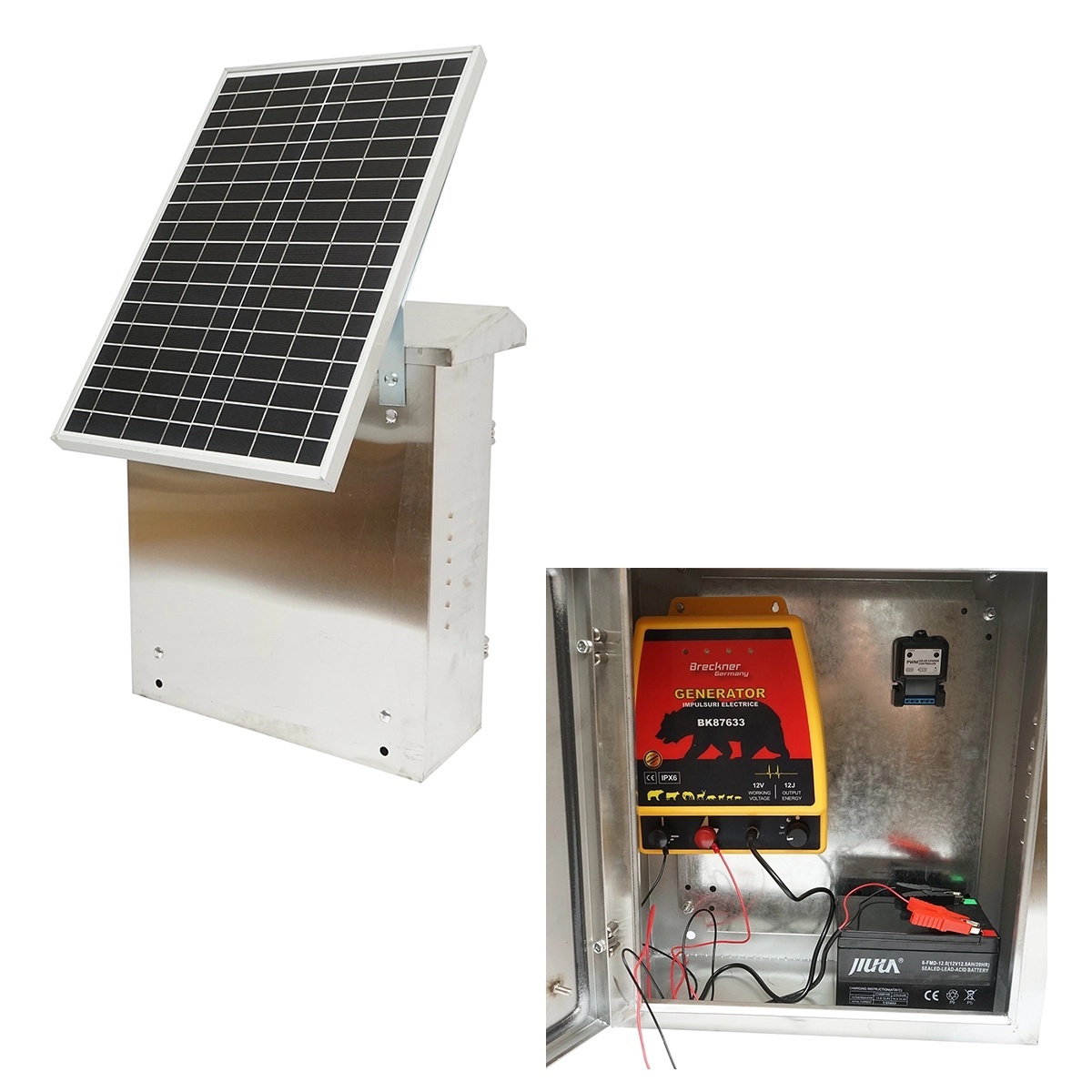 panou gard bordurat 4.5 mm Aparat generator impulsuri 12 Joule, DC12V/220V cu panou solar 30W si baterie 12V 12Ah cutie din inox pentru gard electric Breckner Germany, BRECKNER
