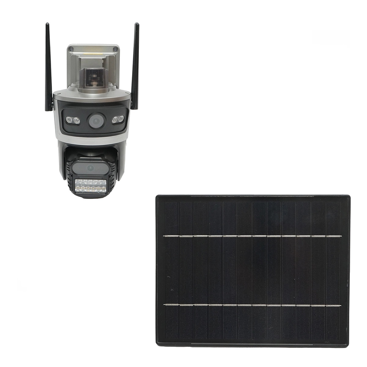 pompa ridicare presiune panou solar Camera supraveghere lentila duala 4 MP, cartela sim 4G, WIFI 2.4 GHz cu panou solar 7.6W, baterie 18650 incarcare rapida, rotativa 360 grade PTZ cu