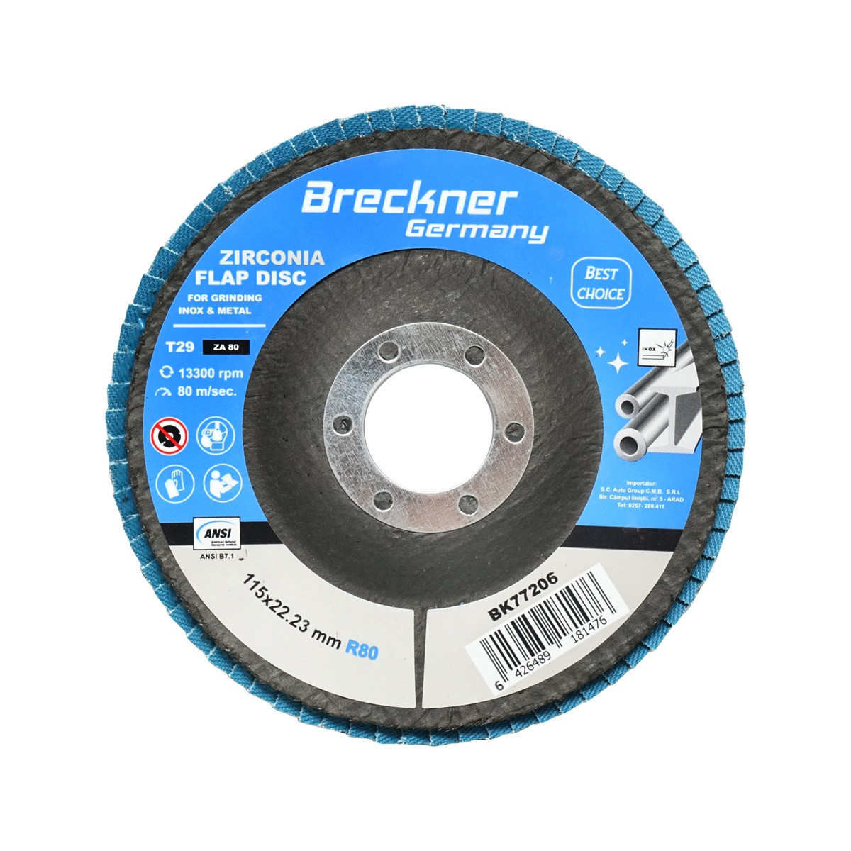 Disc lamelar, abraziv, cu zirconiu, pentru taiat si polizat metal, inox, P80, 115mm, Cod: BK77206 Echivalență: DISGX94, Breckner Germany