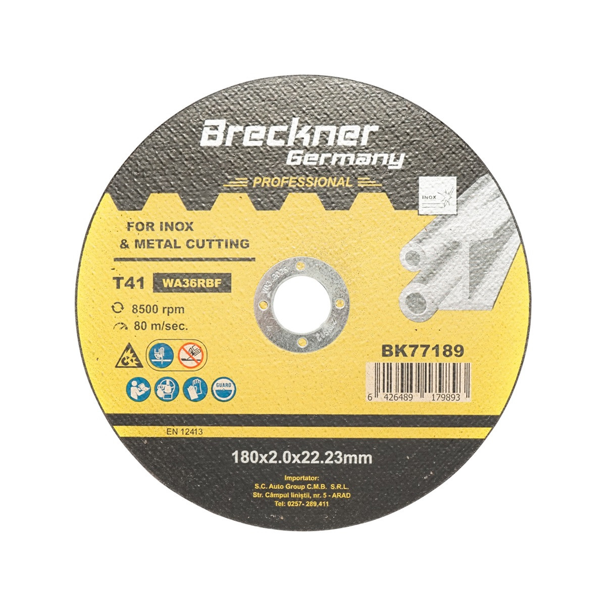 Panza disc, flex, pentru taiat si polizat inox, T41, 180x2.0x22mm, Cod: BK77189 Echivalență: DISGX08, Breckner Germany
