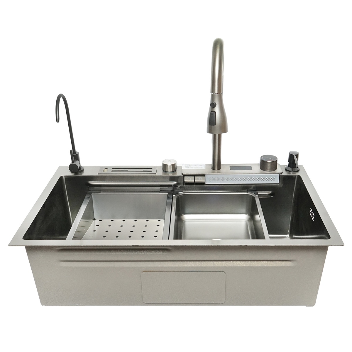 Chiuveta bucatarie multifunctionala cu doua baterii, otel inoxidabil, afisaj digital temperatura, doua cascade, spalator pahare, dozator sapun,