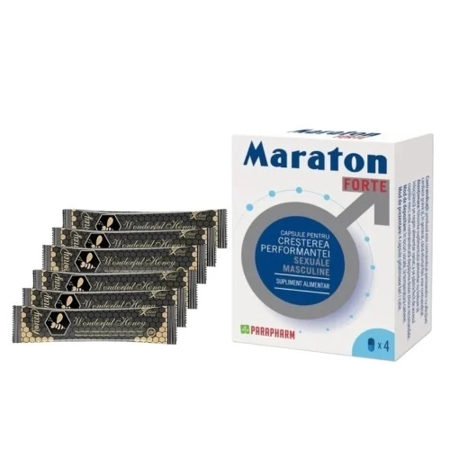 Pachet promo : Capsule MARATON FORTE, cresterea performantei sexuale barbati, 4 capsule + Miere turceasca Afrodisiac, Wonderful Honey 6 plicuri x 15g