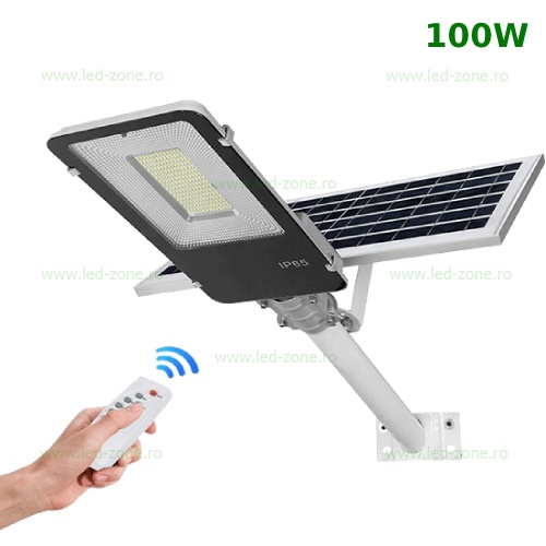 Lampa LED Iluminat Stradal 100W SMD Solara cu Suport si Telecomanda