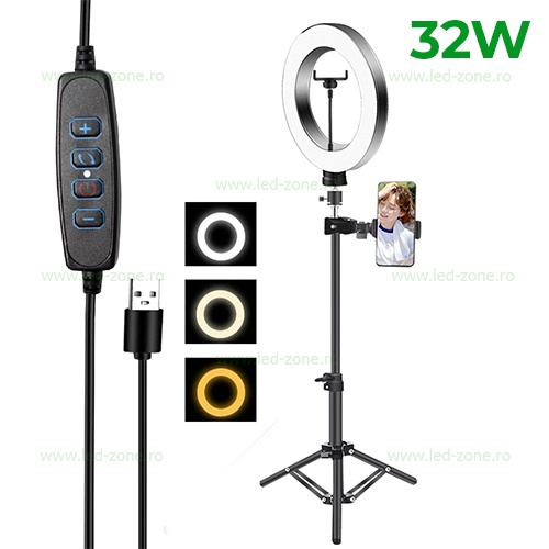 Lampa Circulara LED 32W cu Trepied Selfie