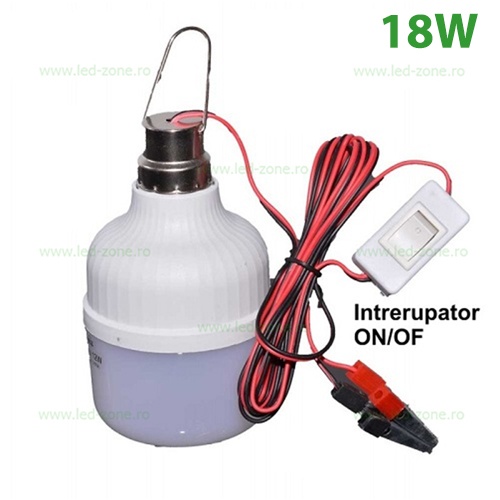 Bec LED 18W Mat Alimentare 12V Clesti cu Intrerupator